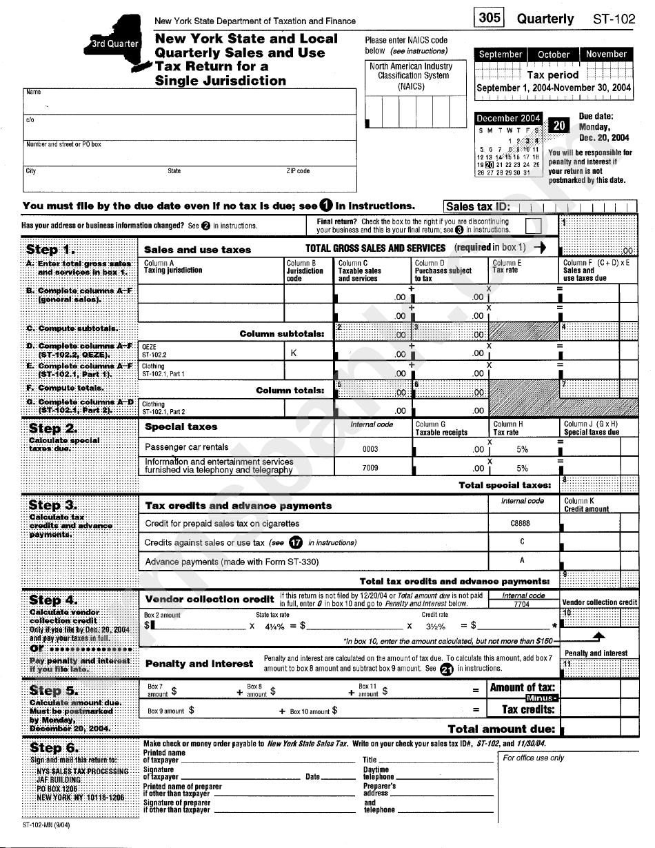 Form St-102-Mn - New York State And Local Quarterly Sales And Use Tax Return For A Single Jurisdiction