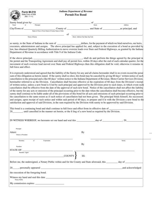Fillable Form M-219 - Permit Fee Bond Printable pdf
