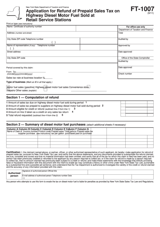 Form Ft-1007 - Application For Refund Of Prepaid Sales Tax On Highway Diesel Motor Fuel Sold At Retail Service Stations Printable pdf