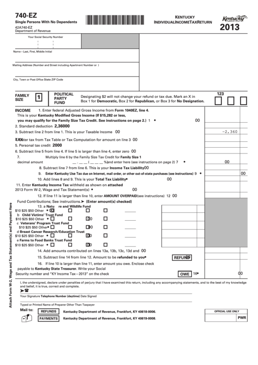 Fillable Form 740-Ez - Kentucky Individual Income Tax Return - 2013 Printable pdf
