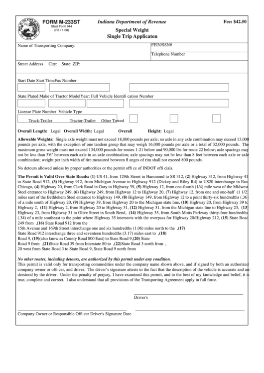 Fillable Form M-233st - Special Weight Single Trip Applicaton Printable pdf