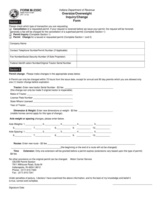 Fillable Form M-233ic - Oversize/overweight Inquiry/change Form Printable pdf
