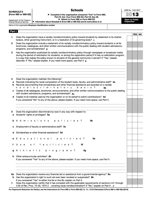 Fillable Schedule E (Form 990 Or 990-Ez) - Schools - 2013 Printable pdf