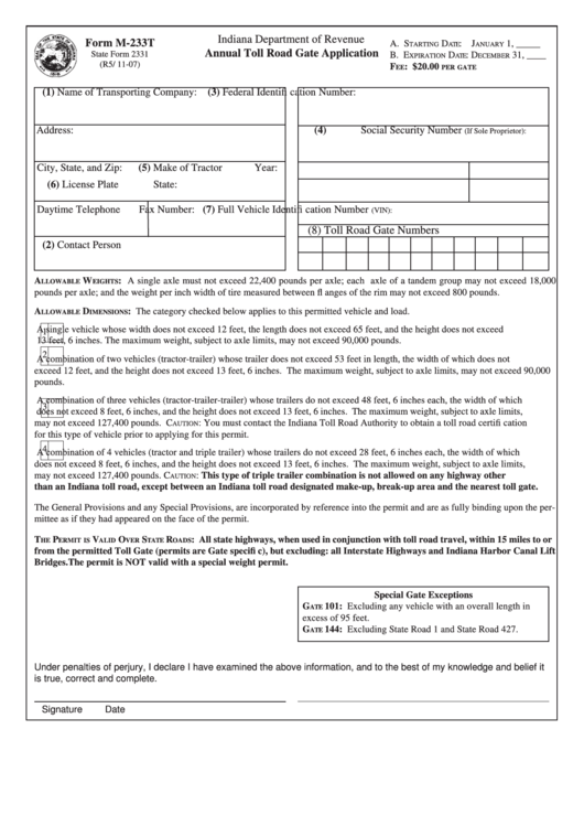 Fillable Form M-233t - Annual Toll Road Gate Application Printable pdf
