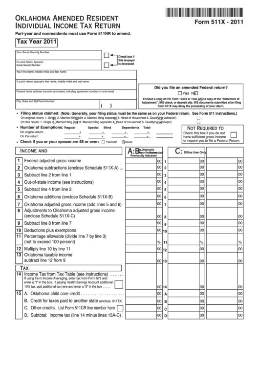 Fillable Form 511x - Oklahoma Amended Resident Individual Income Tax Return - 2011 Printable pdf