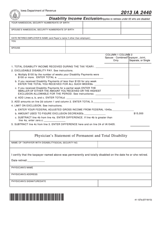 Fillable Form Ia 2440 - Disability Income Exclusion - 2013 Printable pdf