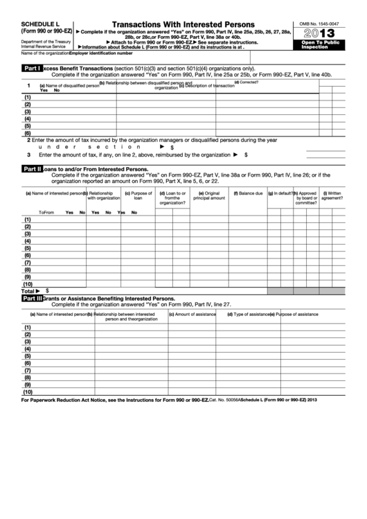 Fillable Schedule L (Form 990 Or 990-Ez) - Transactions With Interested Persons - 2013 Printable pdf