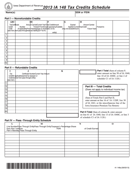 Fillable Form Ia 148 - Tax Credits Schedule - 2013 Printable pdf