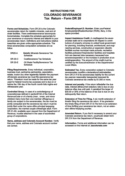 Instructions For Form Dr-20 - Colorado Severance Tax Return Printable pdf