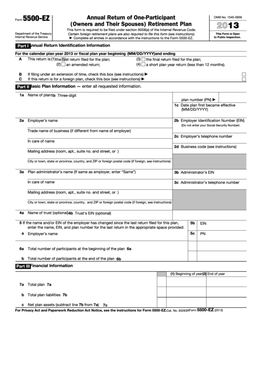 Fillable Form 5500-Ez - Annual Return Of One-Participant (Owners And Their Spouses) Retirement Plan - 2013 Printable pdf