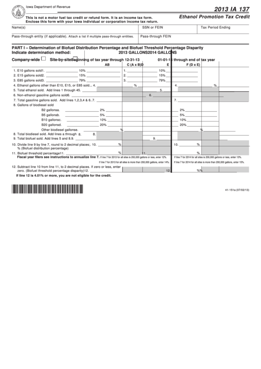 Fillable Form Ia 137 - Ethanol Promotion Tax Credit - 2013 Printable pdf
