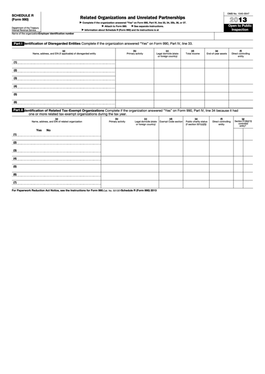 Fillable Schedule R (Form 990) - Related Organizations And Unrelated Partnerships - 2013 Printable pdf