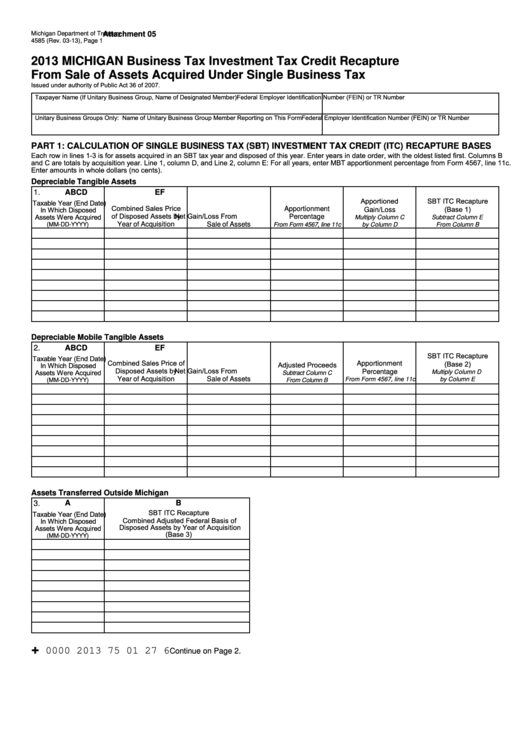 Form 4585 - Michigan Business Tax Investment Tax Credit Recapture From Sale Of Assets Acquired Under Single Business Tax - 2013 Printable pdf