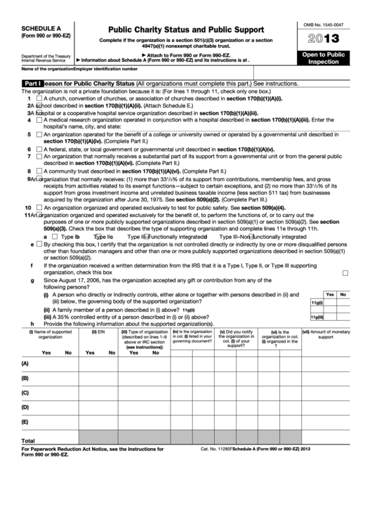 Fillable Schedule A (Form 990 Or 990-Ez) - Public Charity Status And Public Support - 2013 Printable pdf