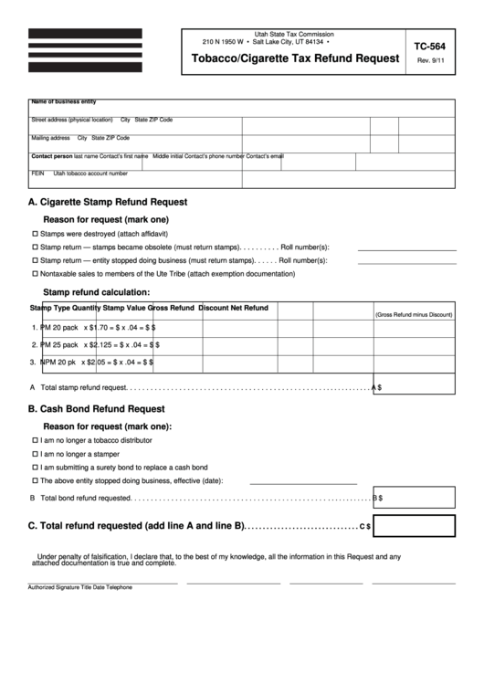 Fillable Form Tc-564 - Tobacco/cigarette Tax Refund Request Printable pdf
