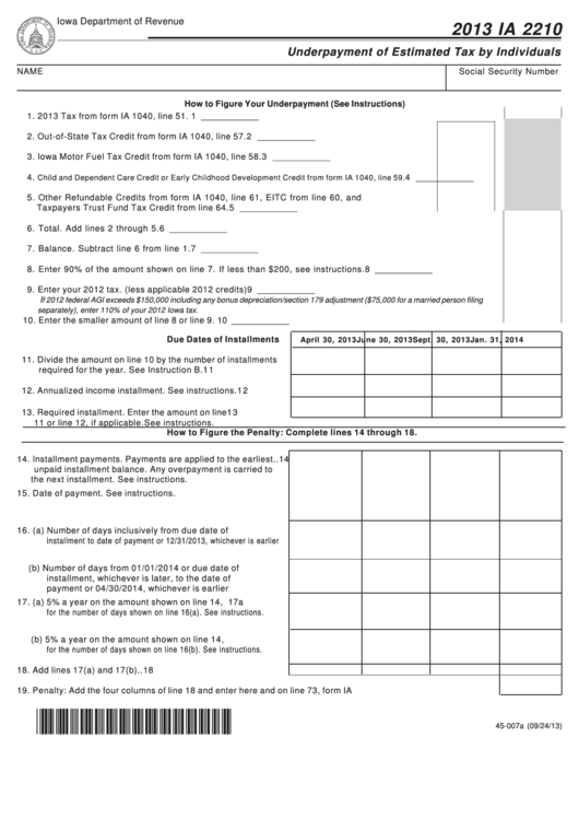 Fillable Form Ia 2210 - Underpayment Of Estimated Tax By Individuals - 2013 Printable pdf