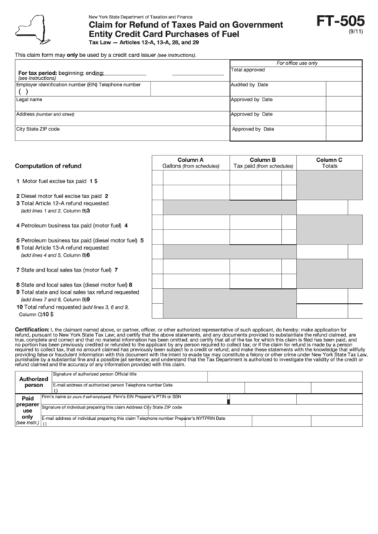 Form Ft-505 - Claim For Refund Of Taxes Paid On Government Entity Credit Card Purchases Of Fuel Printable pdf