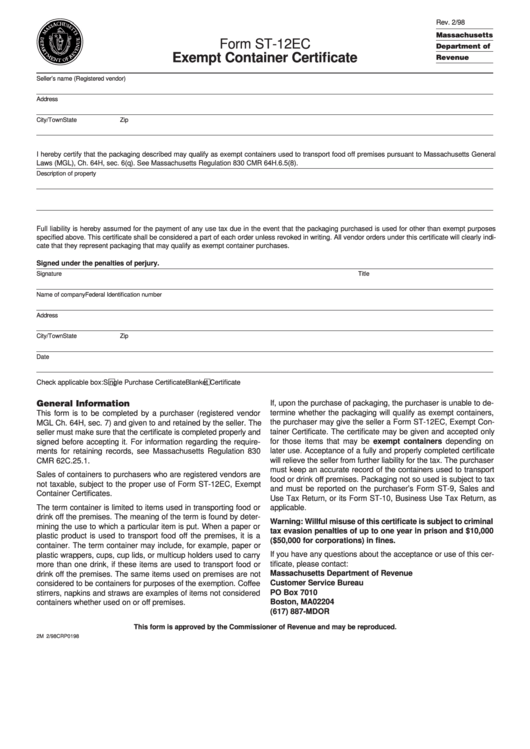 Fillable Form St-12ec - Exempt Container Certificate Printable pdf