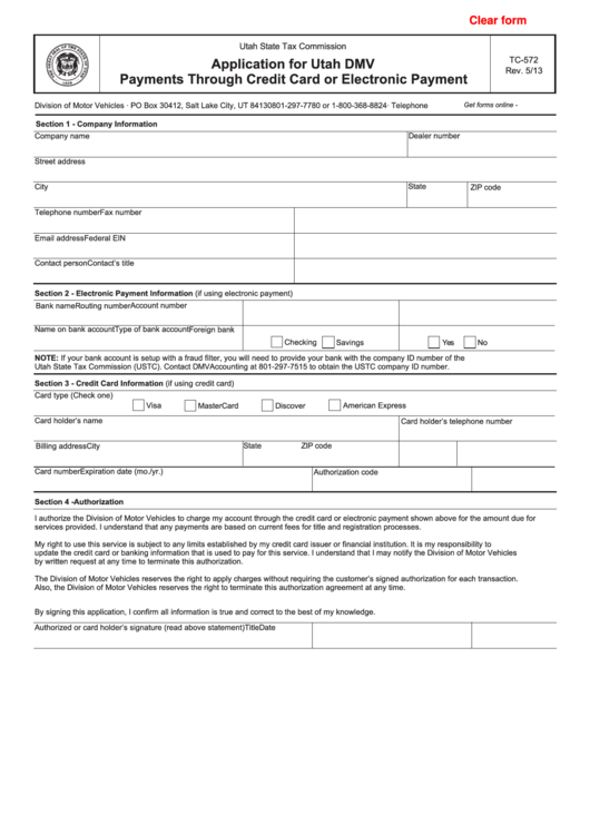 Fillable Form Tc-572 - Application For Utah Dmv Rev. 5/13 Payments Through Credit Card Or Electronic Payment Printable pdf