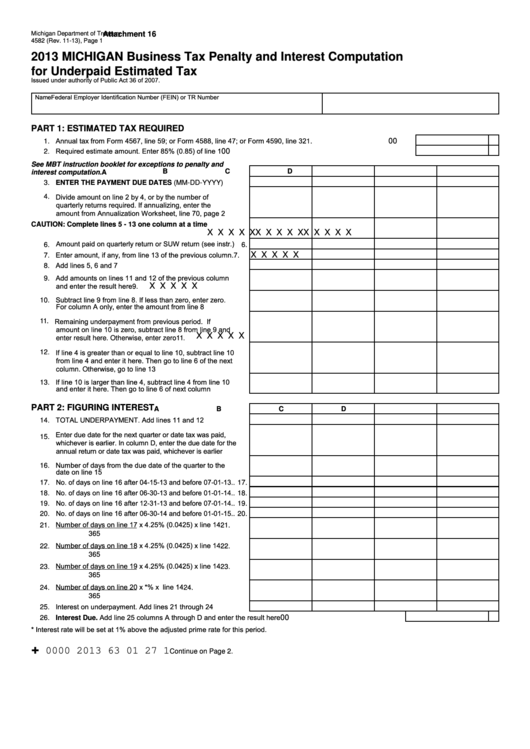 Form 4582 - Michigan Business Tax Penalty And Interest Computation For Underpaid Estimated Tax - 2013 Printable pdf