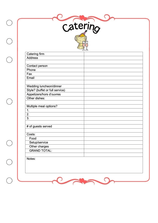 Wedding Catering Planner Template Printable pdf