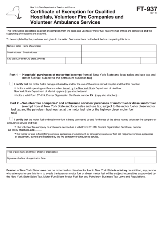 Form Ft-937 - Certificate Of Exemption For Qualified Hospitals, Volunteer Fire Companies And Volunteer Ambulance Services Printable pdf