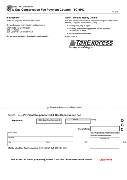 Fillable Form Tc-5pc - Payment Coupon For Oil & Gas Conservation Fee Printable pdf