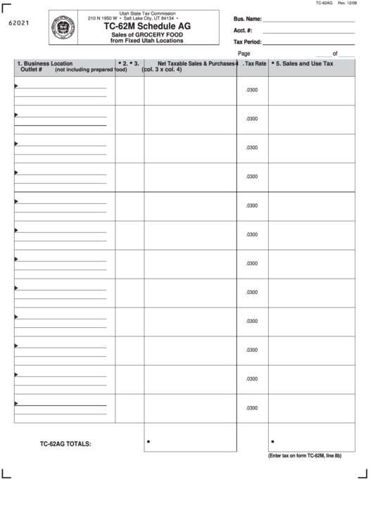 Fillable Form Tc-62m - Schedule Ag - Sales Of Grocery Food From Fixed Utah Locations Printable pdf