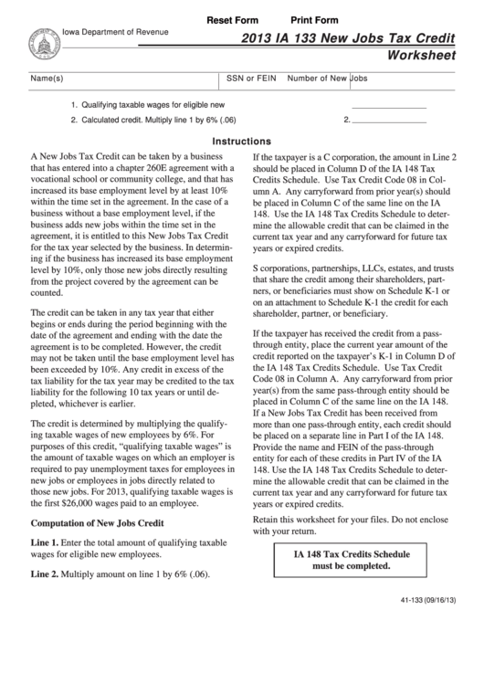 Fillable Form Ia 133 - New Jobs Tax Credit Worksheet - 2013 Printable pdf