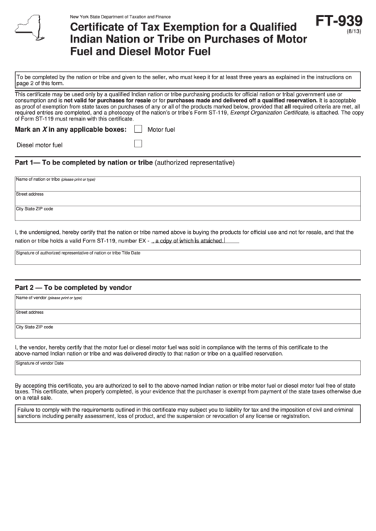 Form Ft-939 - Certificate Of Tax Exemption For A Qualified Indian Nation Or Tribe On Purchases Of Motor Fuel And Diesel Motor Fuel Printable pdf