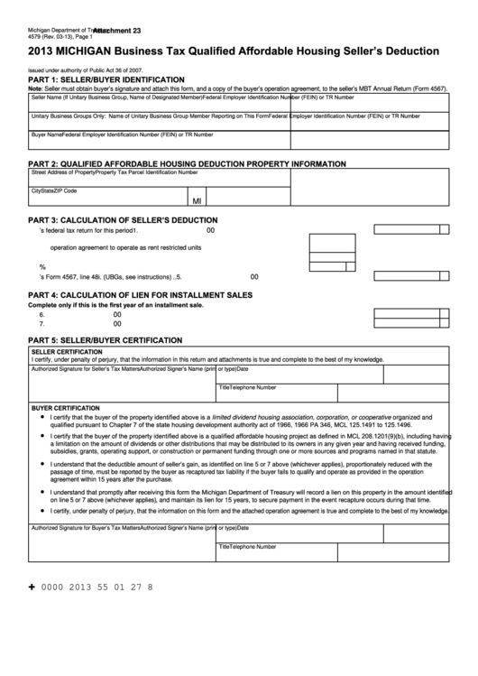 Form 4579 - Michigan Business Tax Qualified Affordable Housing Seller