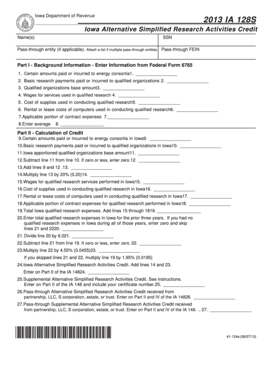 Fillable Form Ia 128s - Iowa Alternative Simplified Research Activities Credit - 2013 Printable pdf