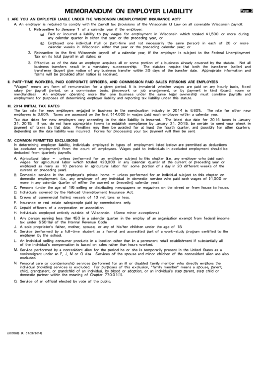 Form U00588 - Memorandum On Employer Liability Printable pdf