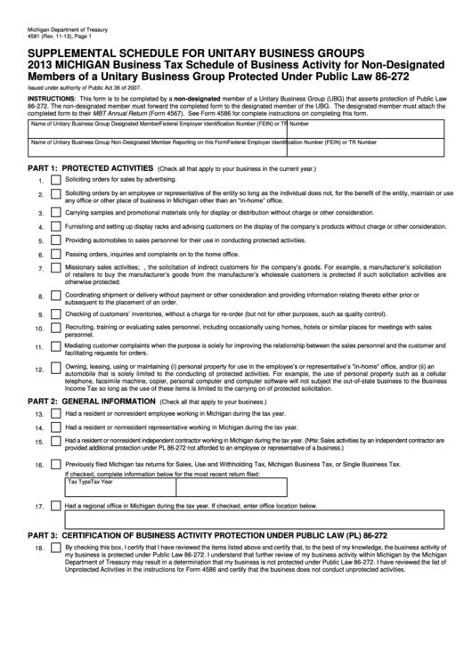 Form 4581 - Michigan Business Tax Schedule Of Business Activity For Non-Designated Members Of A Unitary Business Group Protected Under Public Law 86-272 - 2013 Printable pdf