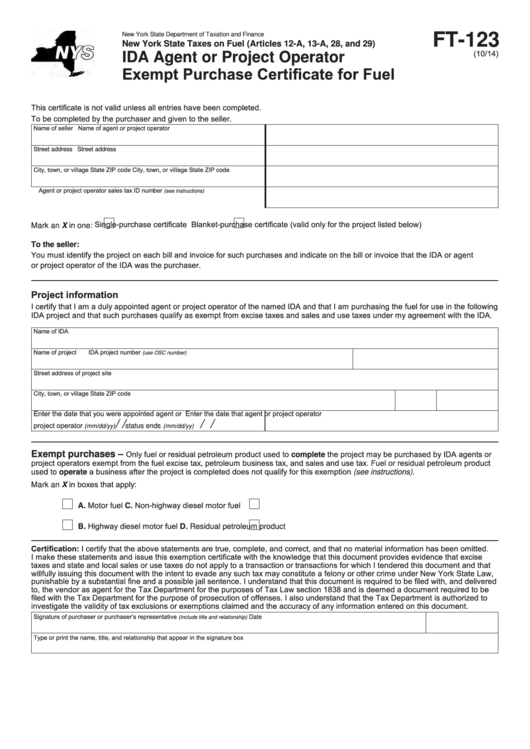 Fillable Form Ft-123 - Ida Agent Or Project Operator Exempt Purchase Certificate For Fuel Printable pdf