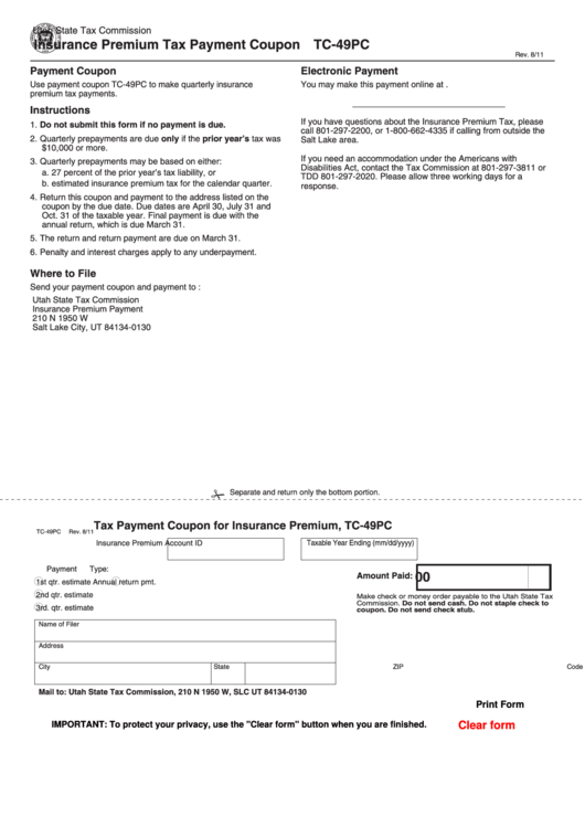Fillable Form Tc-49pc - Insurance Premium Tax Payment Coupon Printable pdf