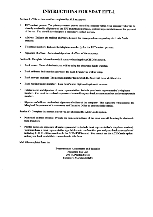 Instructions For Form Sdat Eft-1 Printable pdf