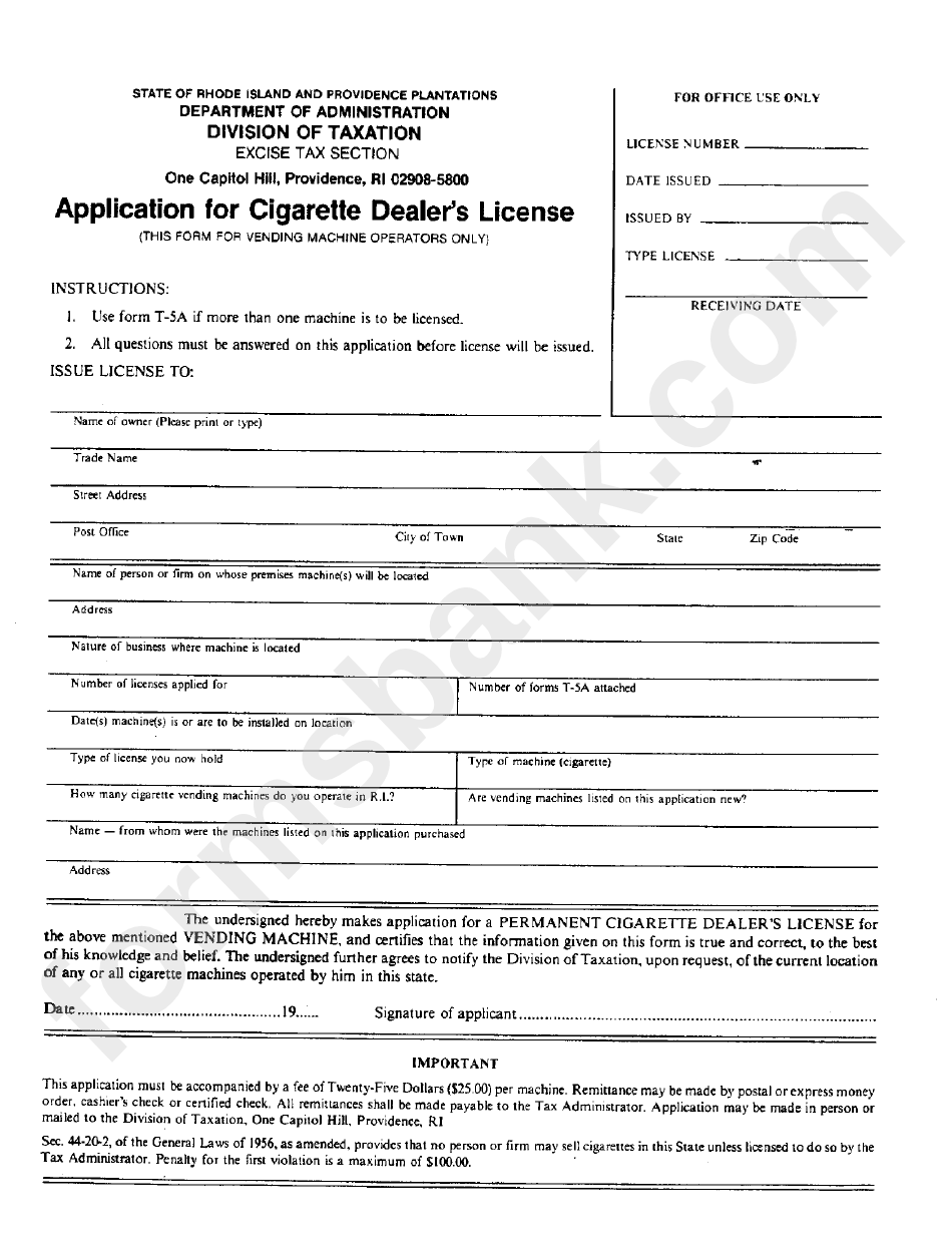 Application For Cigarette Dealer