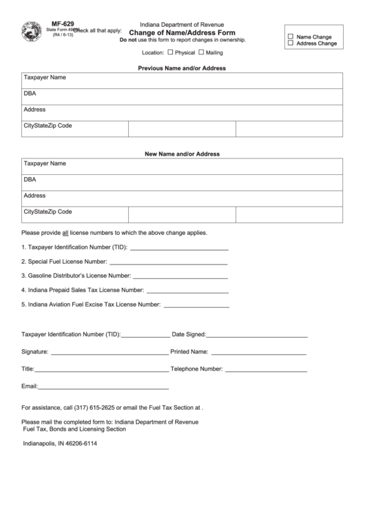 Fillable Form Mf-629 - Change Of Name/address Form Printable pdf