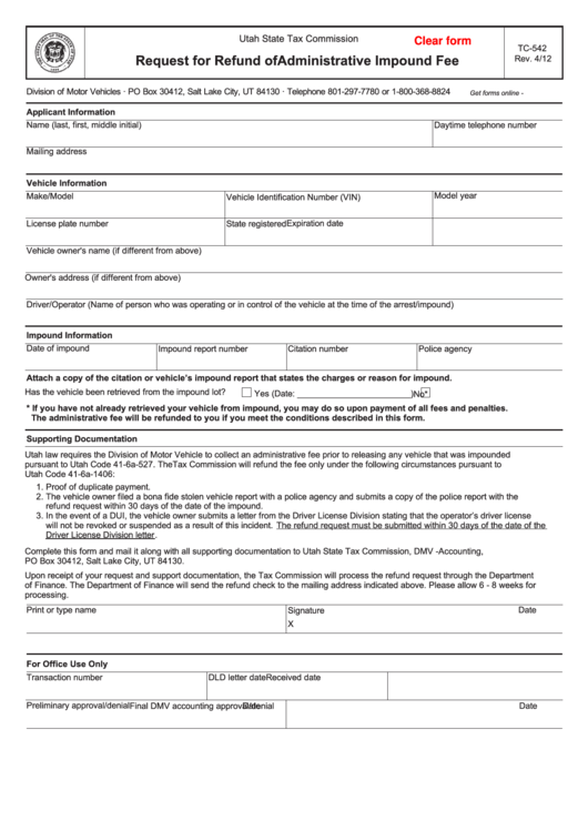 Fillable Form Tc-542 - Request For Refund Of Administrative Impound Fee Printable pdf