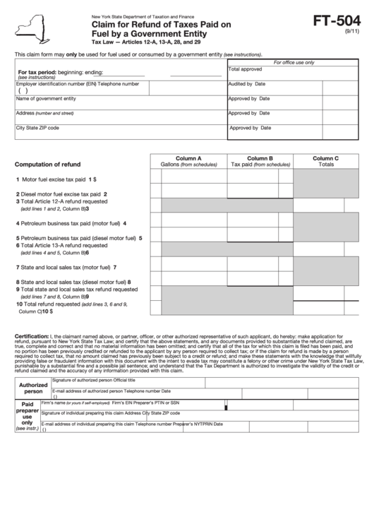 Form Ft-504 - Claim For Refund Of Taxes Paid On Fuel By A Government Entity Printable pdf
