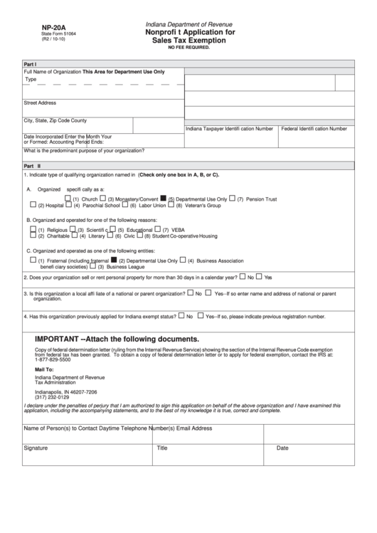 Fillable Form Np-20a - Nonprofi T Application For Sales Tax Exemption Printable pdf