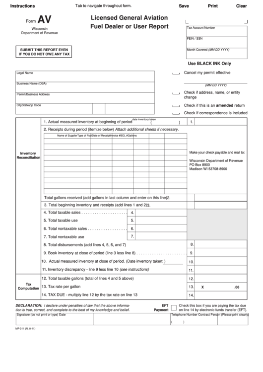 Fillable Form Av - Licensed General Aviation Fuel Dealer Or User Report Printable pdf