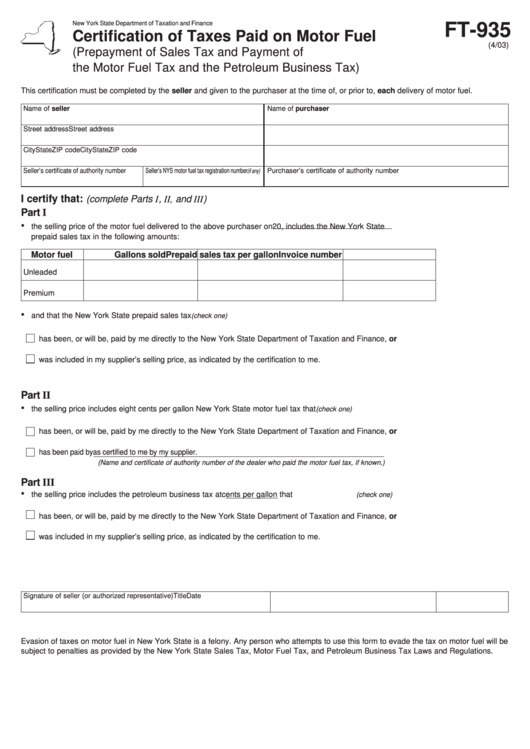 Form Ft-935 - Certification Of Taxes Paid On Motor Fuel Printable pdf