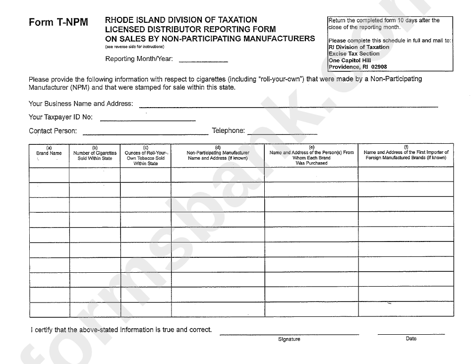 Form T-Npm - Licensed Distributor Reporting Form On Sales By Non-Participating Manufacturers