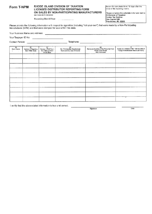 Fillable Form T-Npm - Licensed Distributor Reporting Form On Sales By Non-Participating Manufacturers Printable pdf