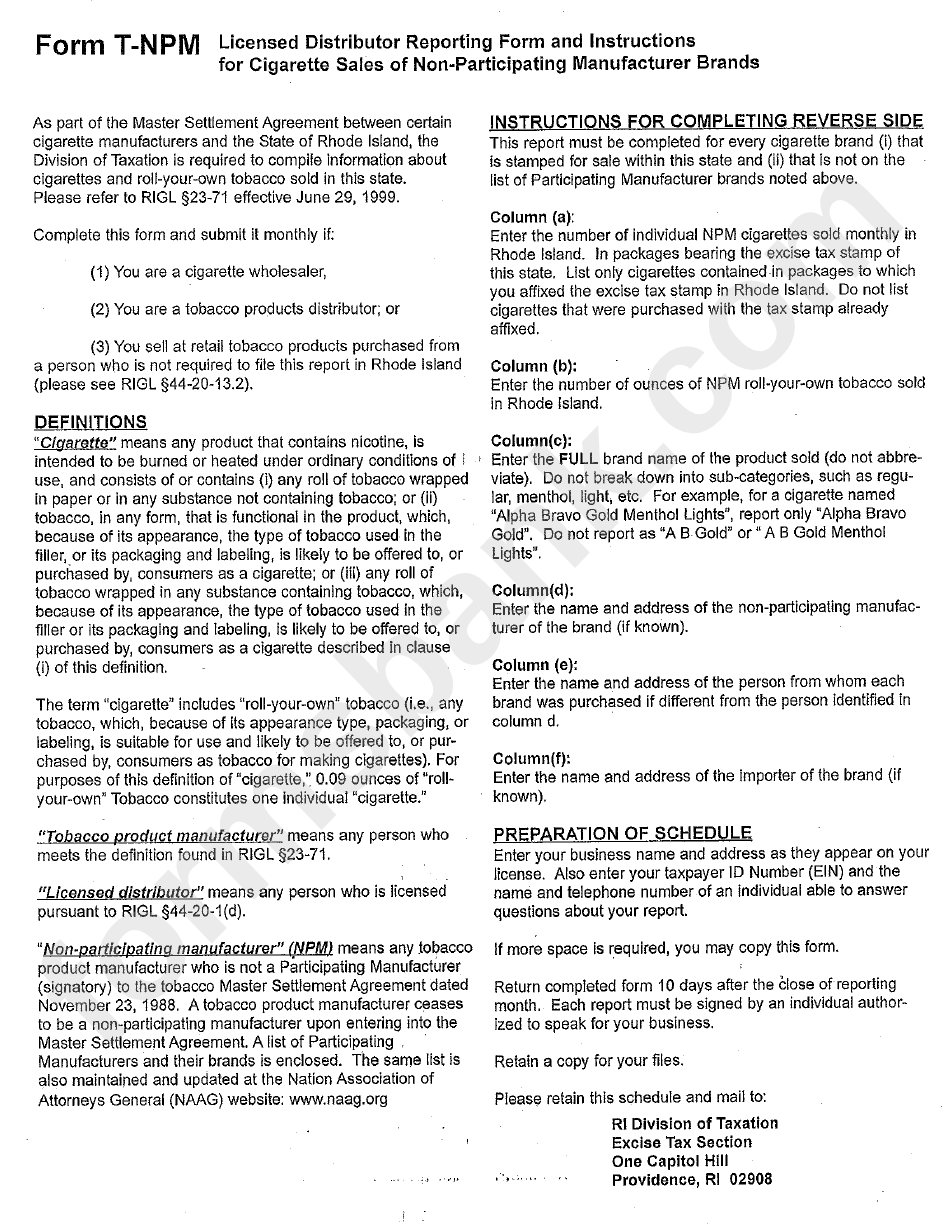 Form T-Npm - Licensed Distributor Reporting Form On Sales By Non-Participating Manufacturers