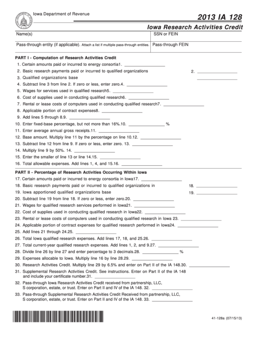 Fillable Form Ia 128 - Iowa Research Activities Credit - 2013 Printable pdf