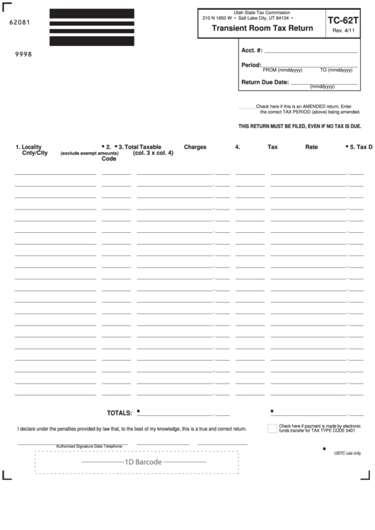 Fillable Form Tc-62t - Transient Room Tax Return Printable pdf