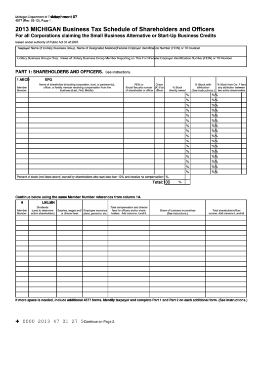 Form 4577 - Michigan Business Tax Schedule Of Shareholders And Officers - 2013 Printable pdf